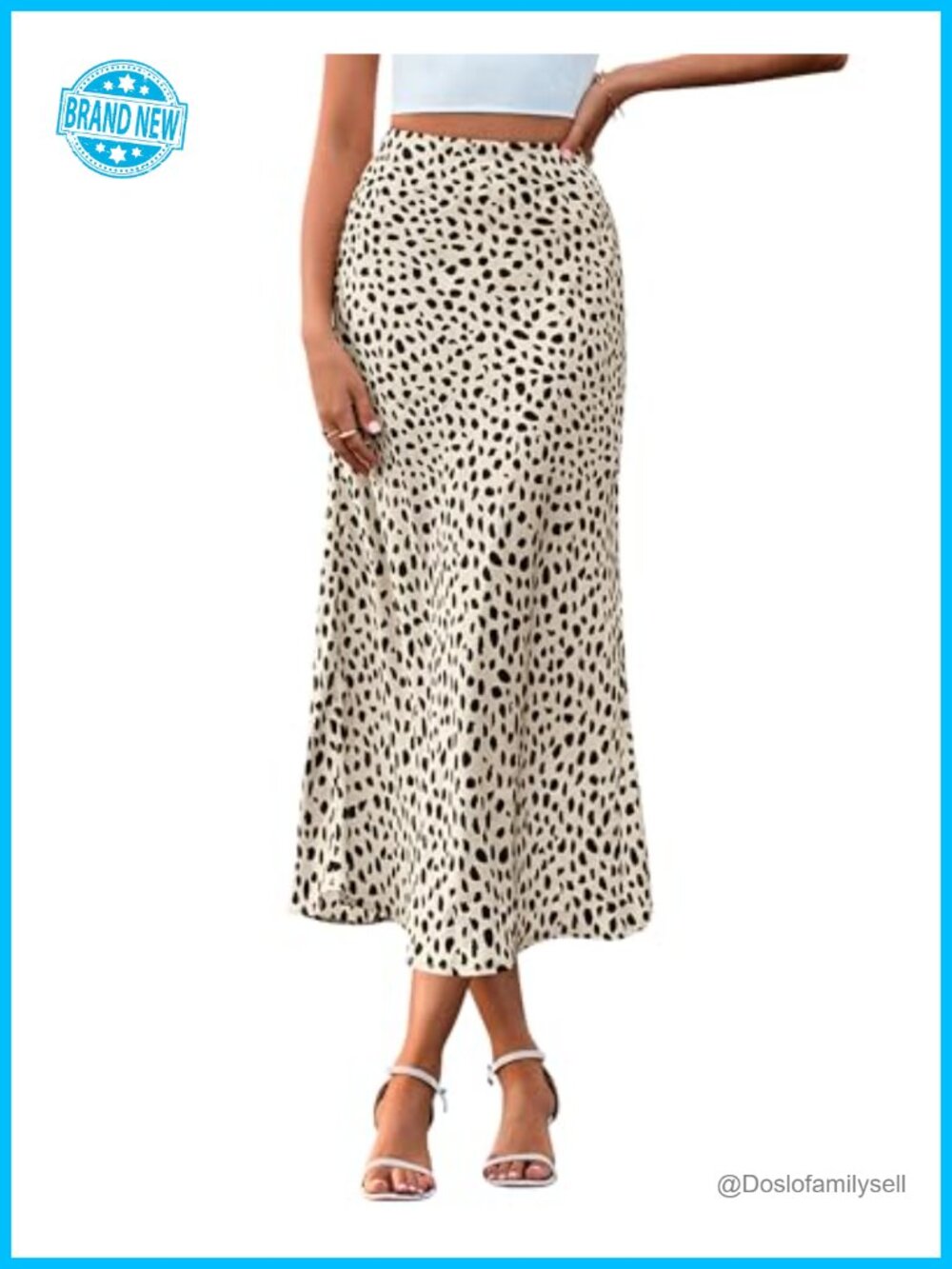Satin Midi Skirt High Waisted A-Line Elastic Waist Floral Leopard Print